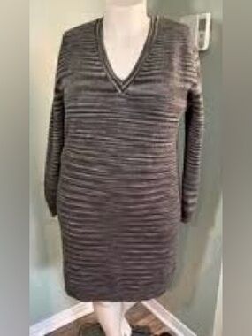V-Neck Ribbed Knit Sweater Dress- Army Green/Gray